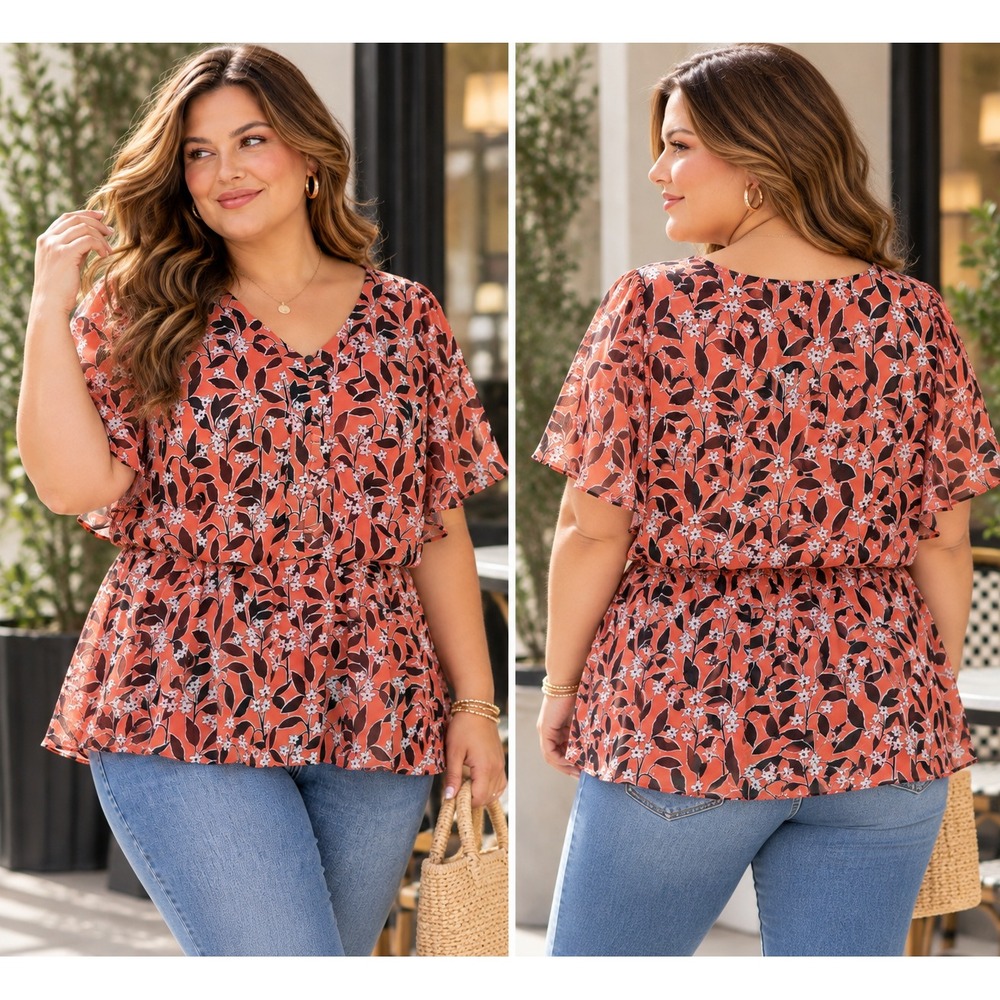 Lane Bryant Floral Chiffon Blouse Women's 22 2X Coral Black White Flutter NWOT